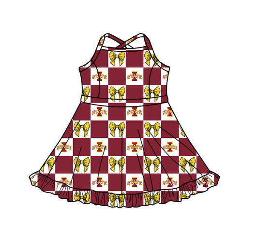 (Custom Design Preorder MOQ 5 Each Item) Teams Iowa State Cyclones Bows Wine Plaid Print Kids Clothes Sibling & Family Matching Styles