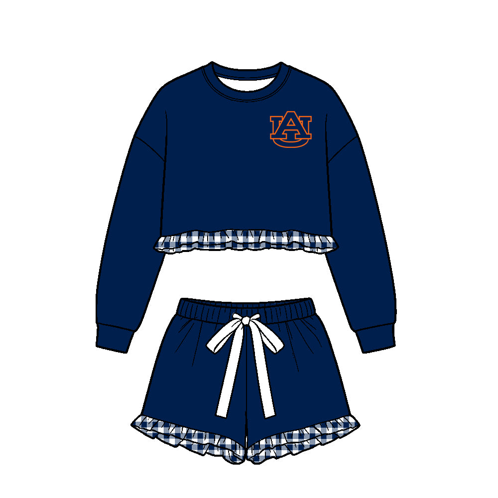 (Custom Design Preorder MOQ 5 Each)Teams Logo Print Long Sleeve Top Shorts Girls Clothes Set Sisters Wear
