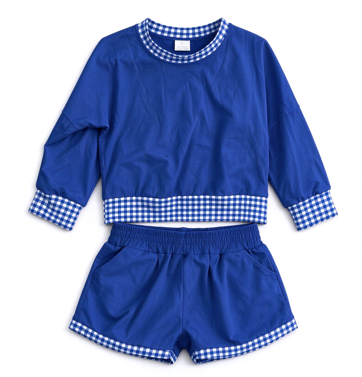Preorder 5 MOQ each Kids Girls Long Sleeve Gingham Trim Top Shorts Outfit