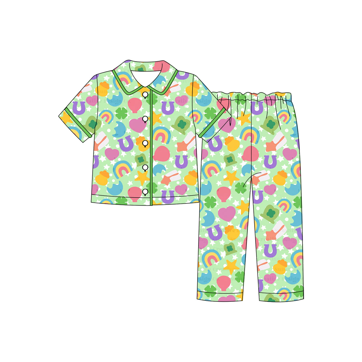 (Custom Design Preorder MOQ 5 Each)Lucky Rainbow Print Girls St Patrick Day Buttons Pajamas Clothes Set Sisters Wear