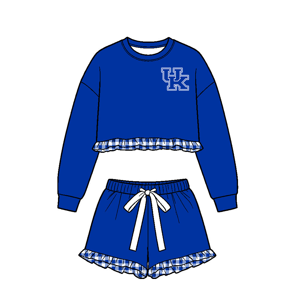 (Custom Design Preorder MOQ 5 Each)Teams Logo Print Long Sleeve Top Shorts Girls Clothes Set Sisters Wear