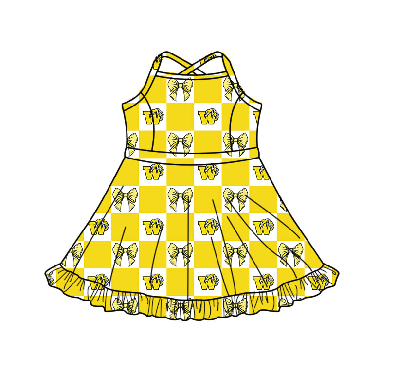 (Custom Design Preorder MOQ 5 Each Item) Teams Winona Wildcats Bows Yellow Plaid Print Kids Clothes Sibling & Family Matching Styles