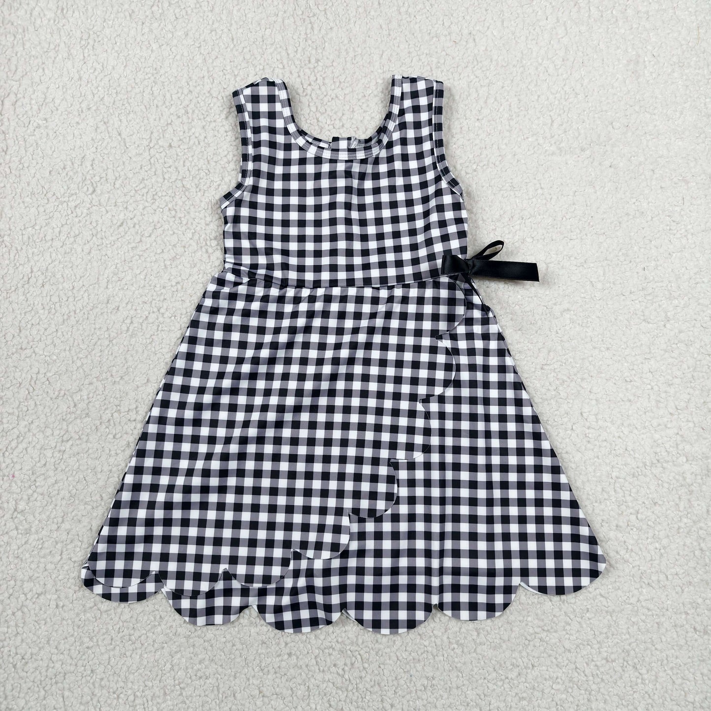 GSD3777 Black Plaid Print Girls Bows Scallop Yoga Active Zipper Dress