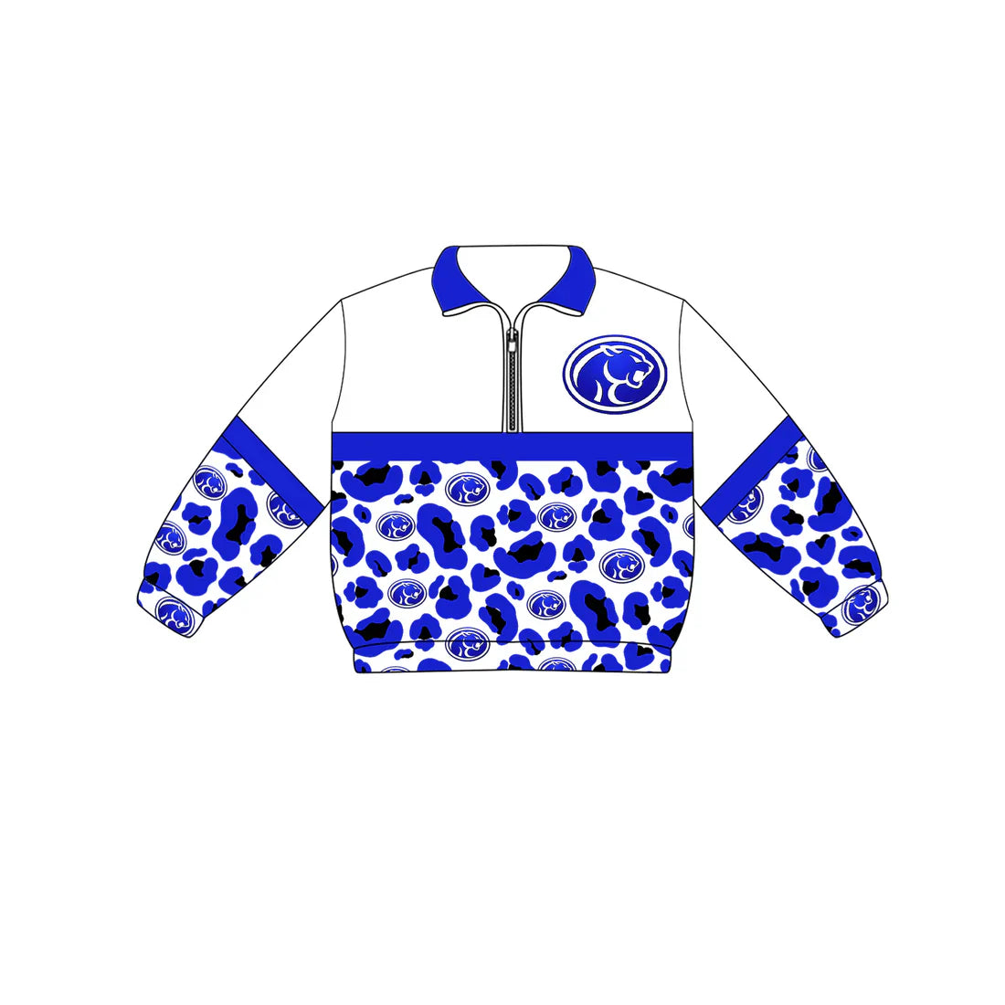 (Custom  Preorder MOQ 5) Baby Boys Long Sleeve Hot Blue Leopard Cougars Team Zip Pullovers Top