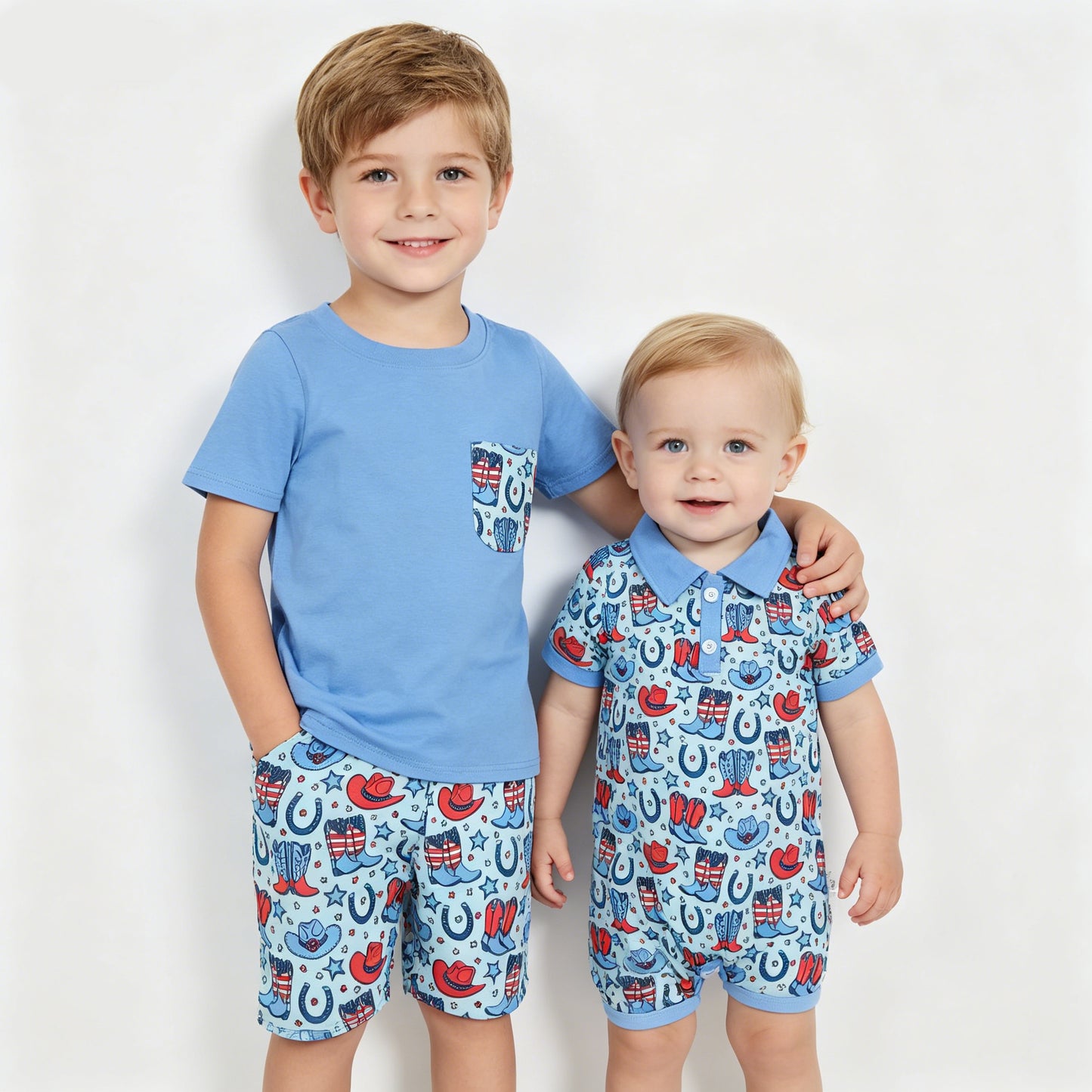 Baby Boys Sibling July 4th Western Shorts Set +Romper