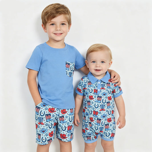 Baby Boys Sibling July 4th Western Shorts Set +Romper