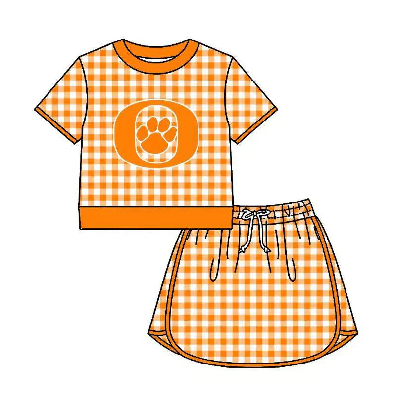 (Custom  Preorder MOQ 5) Baby Girls Orange Checked Orangefield Bobcat Shirt Top Skirt Short Team Sets