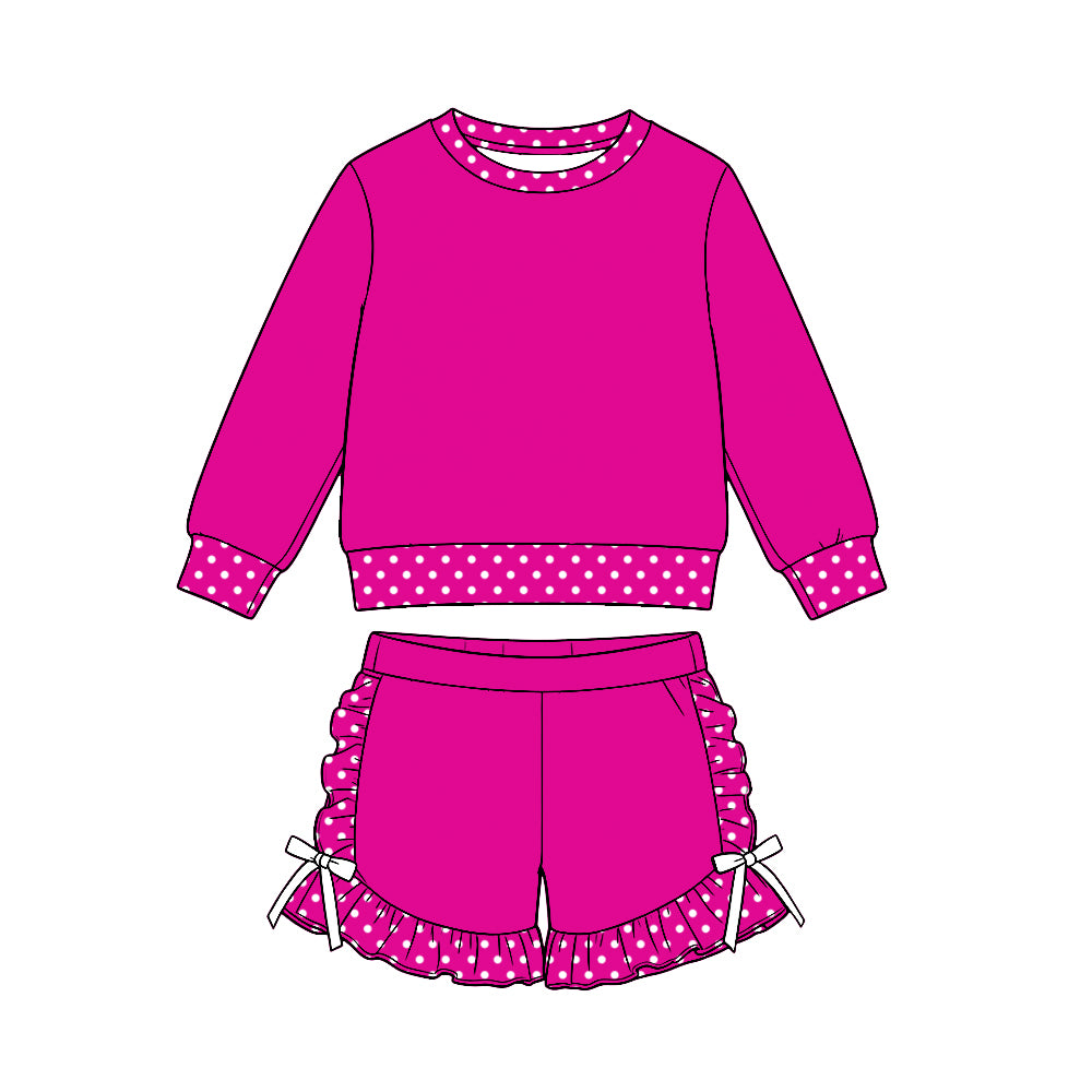 (Custom Design Preorder MOQ 5 Each)Girls Polka Dot Ruffle Hem Shorts Matching Long Sleeve Top Two Piece Set Sisters Wear