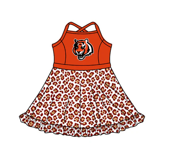 (Custom  Preorder MOQ 5) Baby Girls Strap Leopard  Tigers Team Knee Length Dress