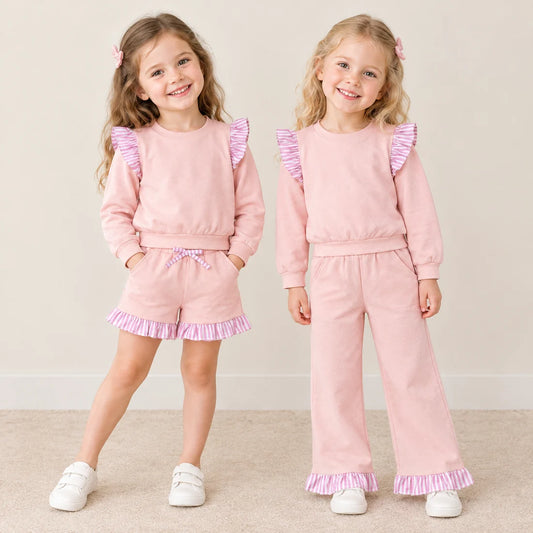 Sibling Kids Girls Pink Long Sleeve Top with Pants and Shorts Outfit