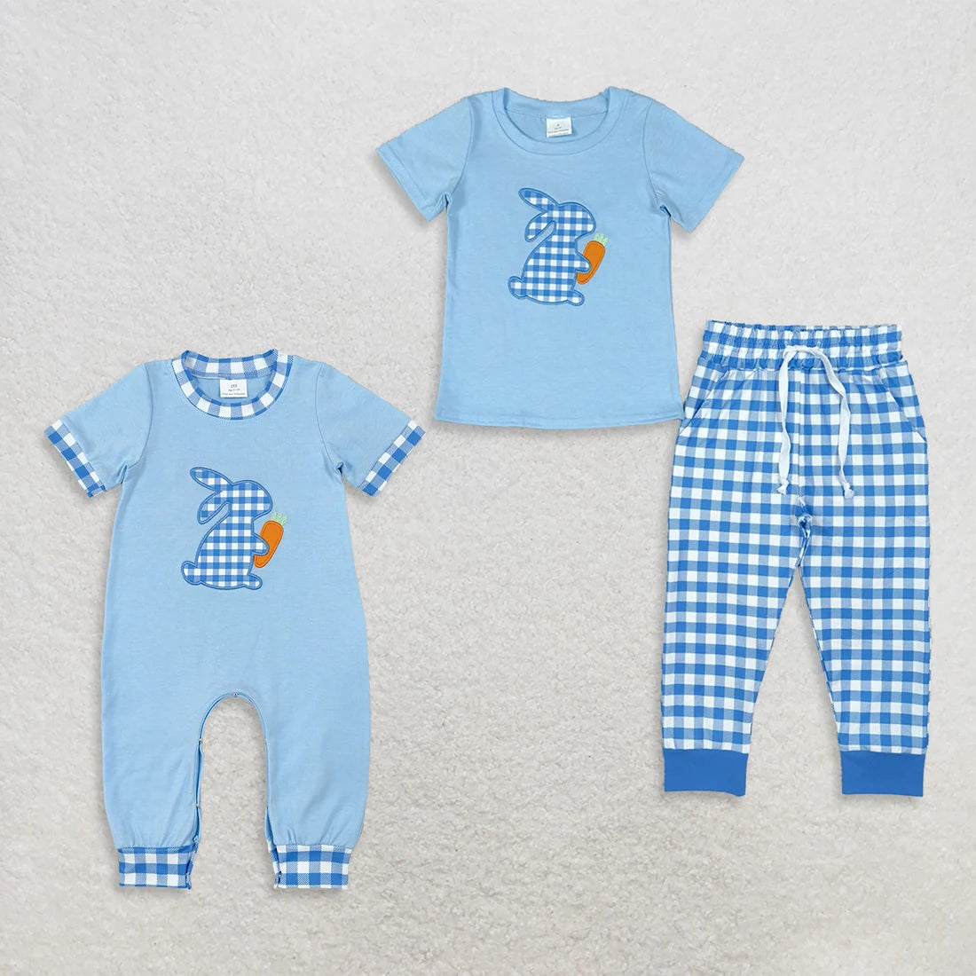Sibling Baby  Boys Easter Gingham Rabbot Pants Outfit +Romper