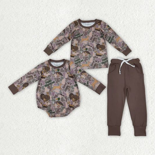 Sibling Baby Boys Brown Turkey Ducks Camo Top Pockets Pant Hunting Clothes Sets Rompers