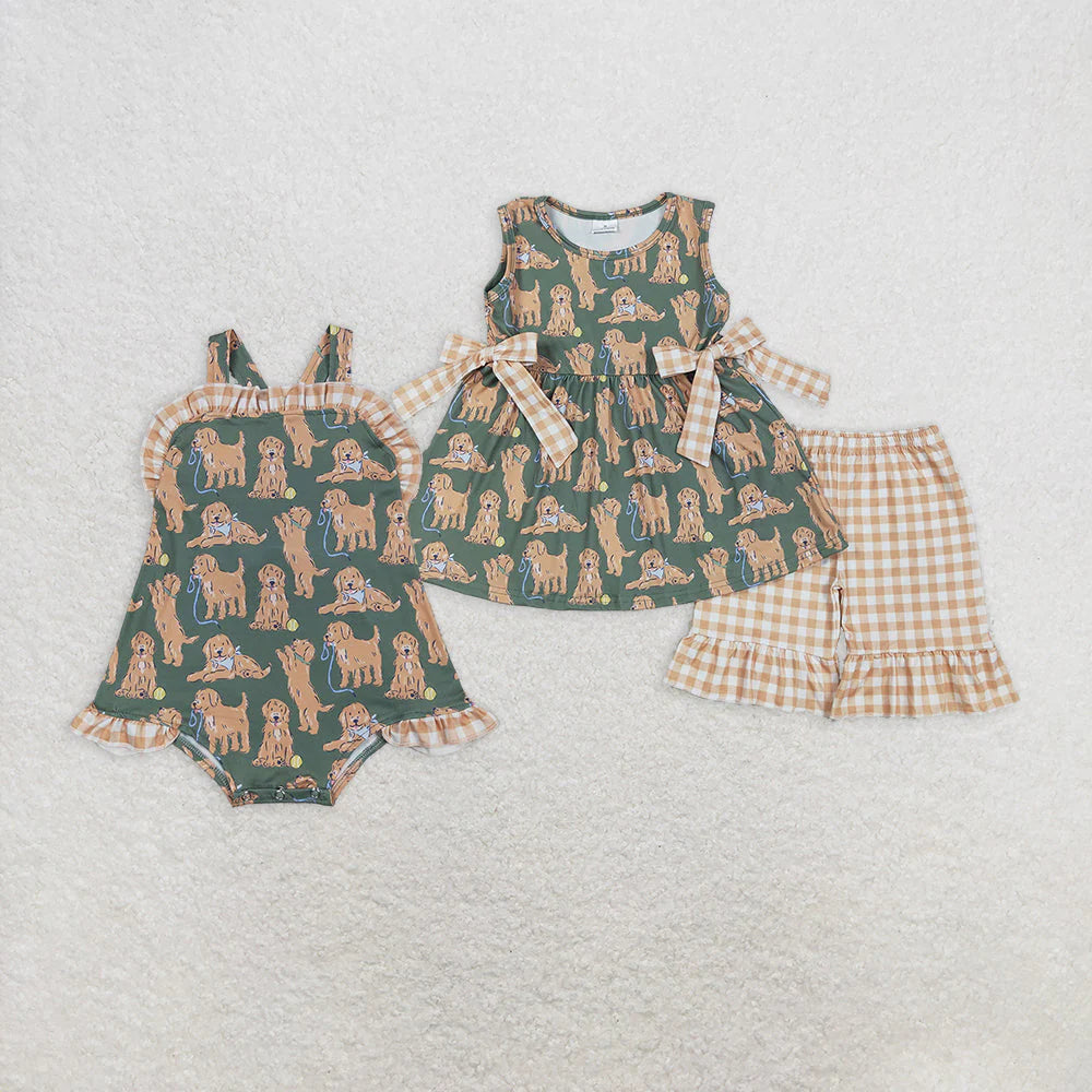 Sibling Baby Girls Green Sleeveless Dogs Bows Tunic Khaki Plaid Ruffle Shorts Sets Romper