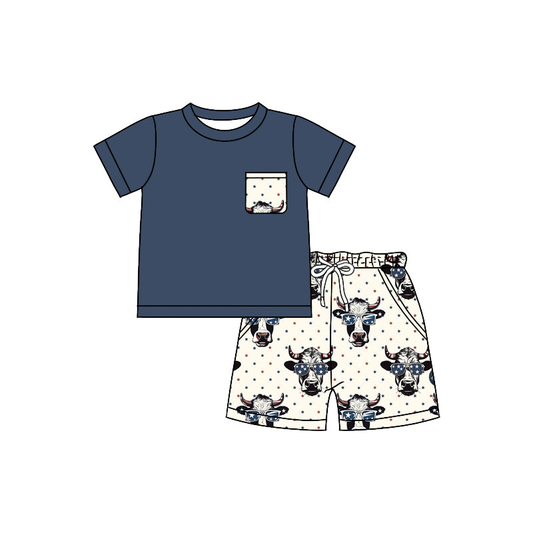 (Custom Design Preorder MOQ 5) Navy Pocket Top Cow Stars Shorts Boys 4th of July Clothes Set