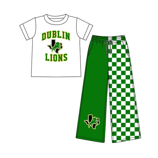 (Custom Design Preorder MOQ 5) Teams Dublin Lions White Top Checkered Straight Pants Girls Clothes Set