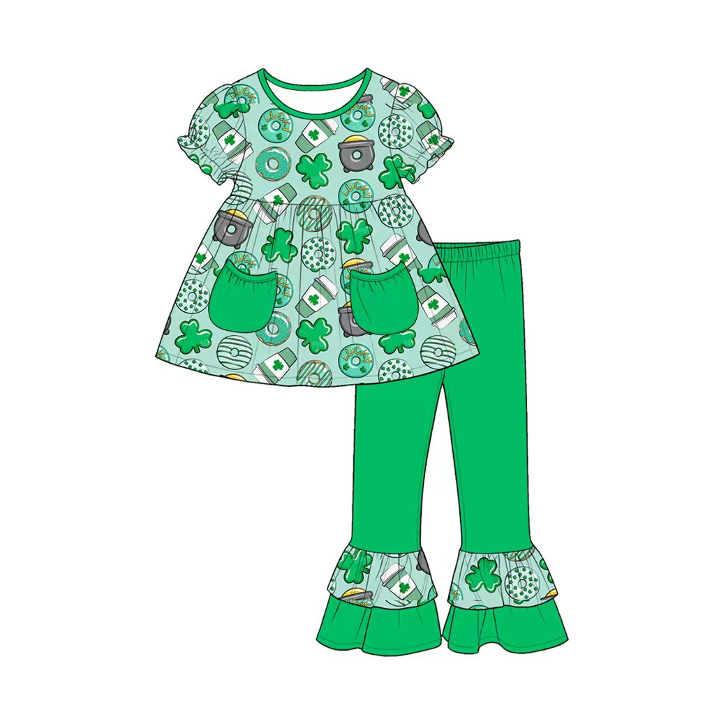(Custom Design Preorder MOQ 5) 4 Leaf Clover Bows Pockets Tunic Top Ruffle Pants Girls St Patrick Day Clothes Set Sisters Wear