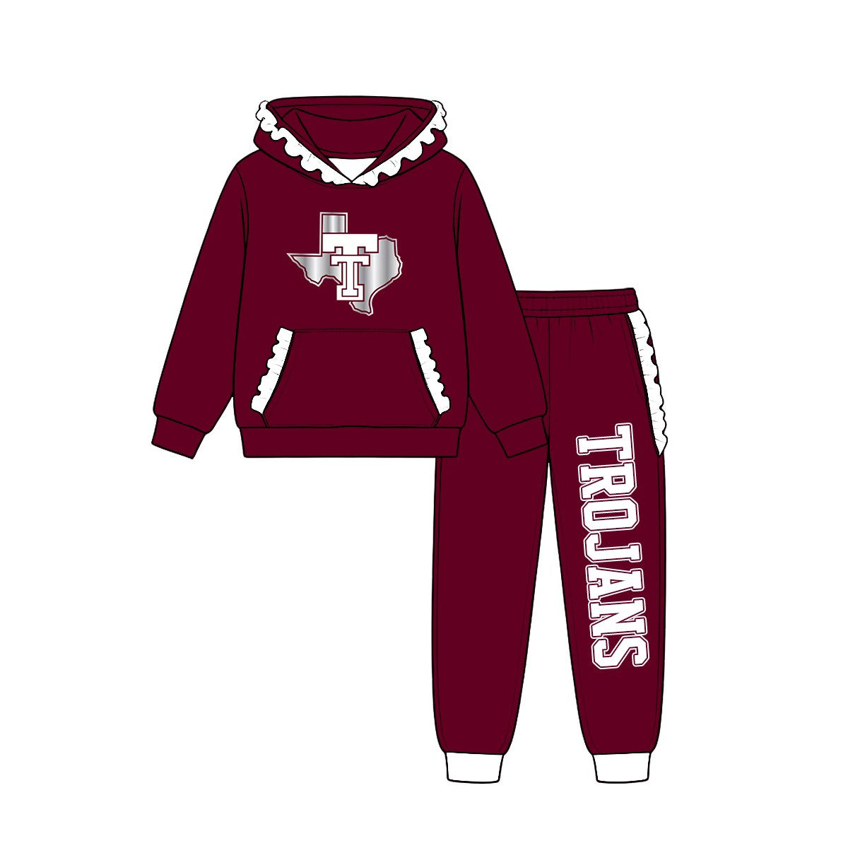 (Custom Design Preorder MOQ 5) Teams Troy Trojans Wine White Ruffles Hoodie Top Pockets Joggers Pants Girls Yoga Clothes Set