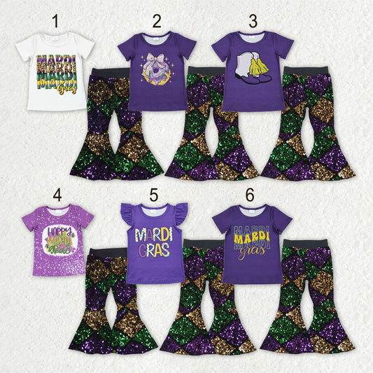 Sibling Baby Girls Mardigras Top Sequin Checked Bell Bottom Pants Clothes Sets