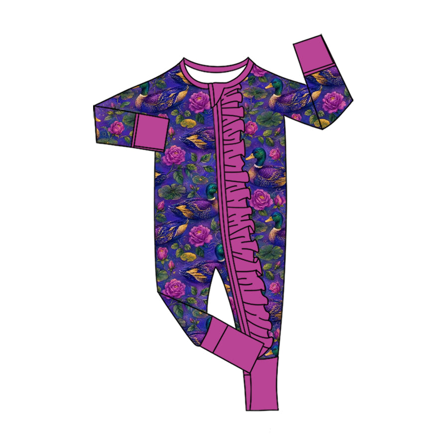 (Custom Design Preorder MOQ 5 ) Mallard Duck Flowers Print Baby Girls Fall Zipper Sleeper Romper