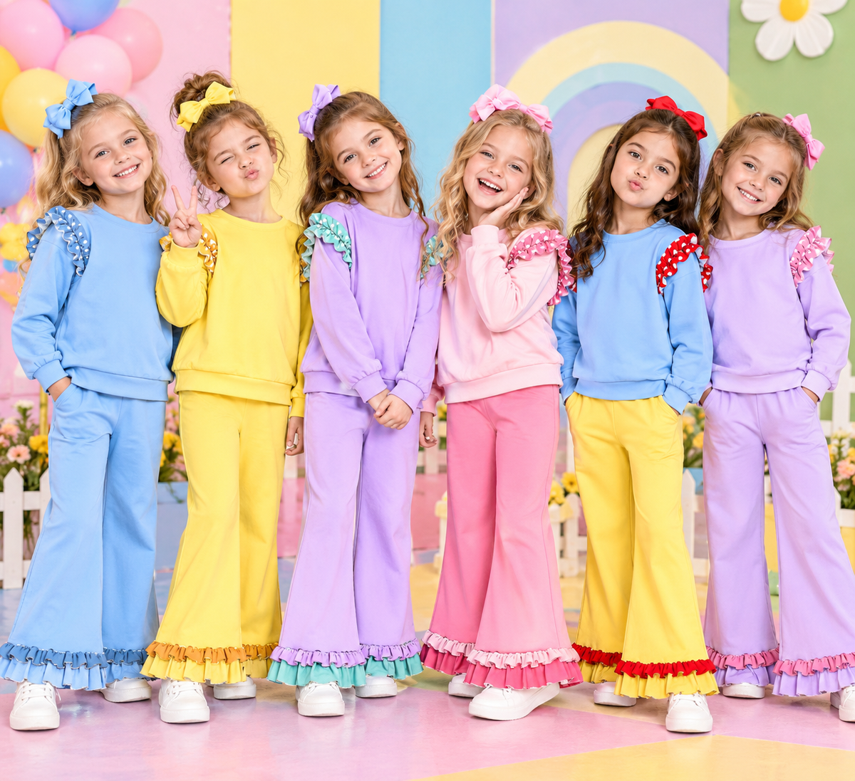 (Custom Design Preorder MOQ 5 Each) Cartoon Princess Blank Cotton Girls Ruffles Clothes Set Sisters Wear