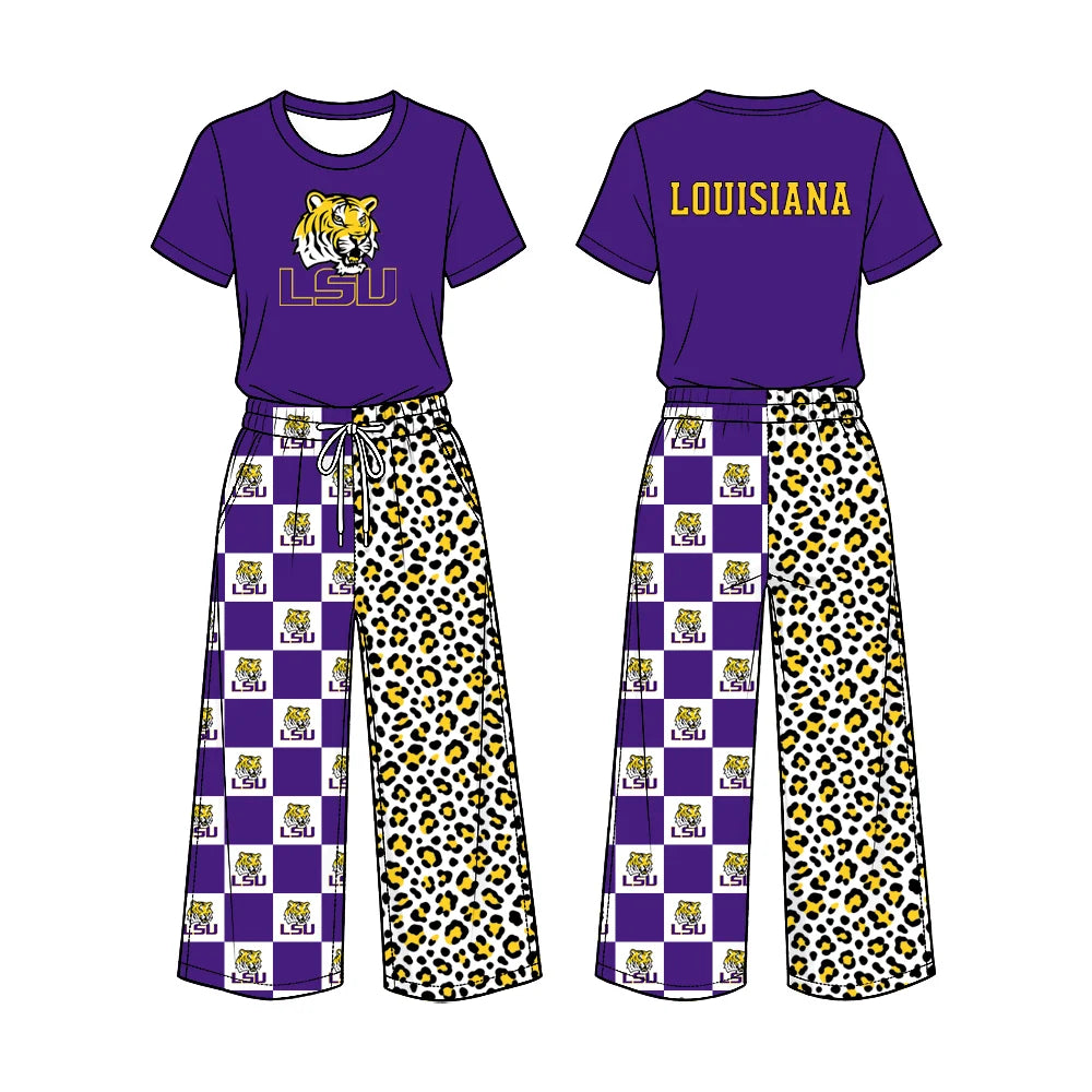 Preorder( 5  MOQ) Baby Girls Sport Team LSU Short Sleeve Top Checker Leopard Pants Outfit