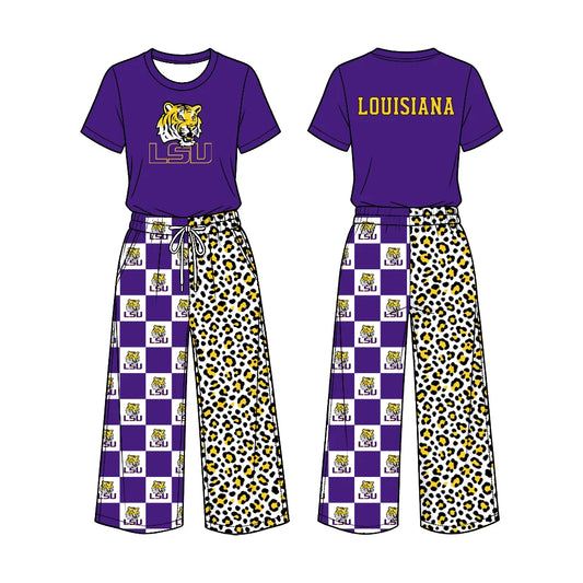 Preorder( 5  MOQ) Baby Girls Sport Team LSU Short Sleeve Top Checker Leopard Pants Outfit