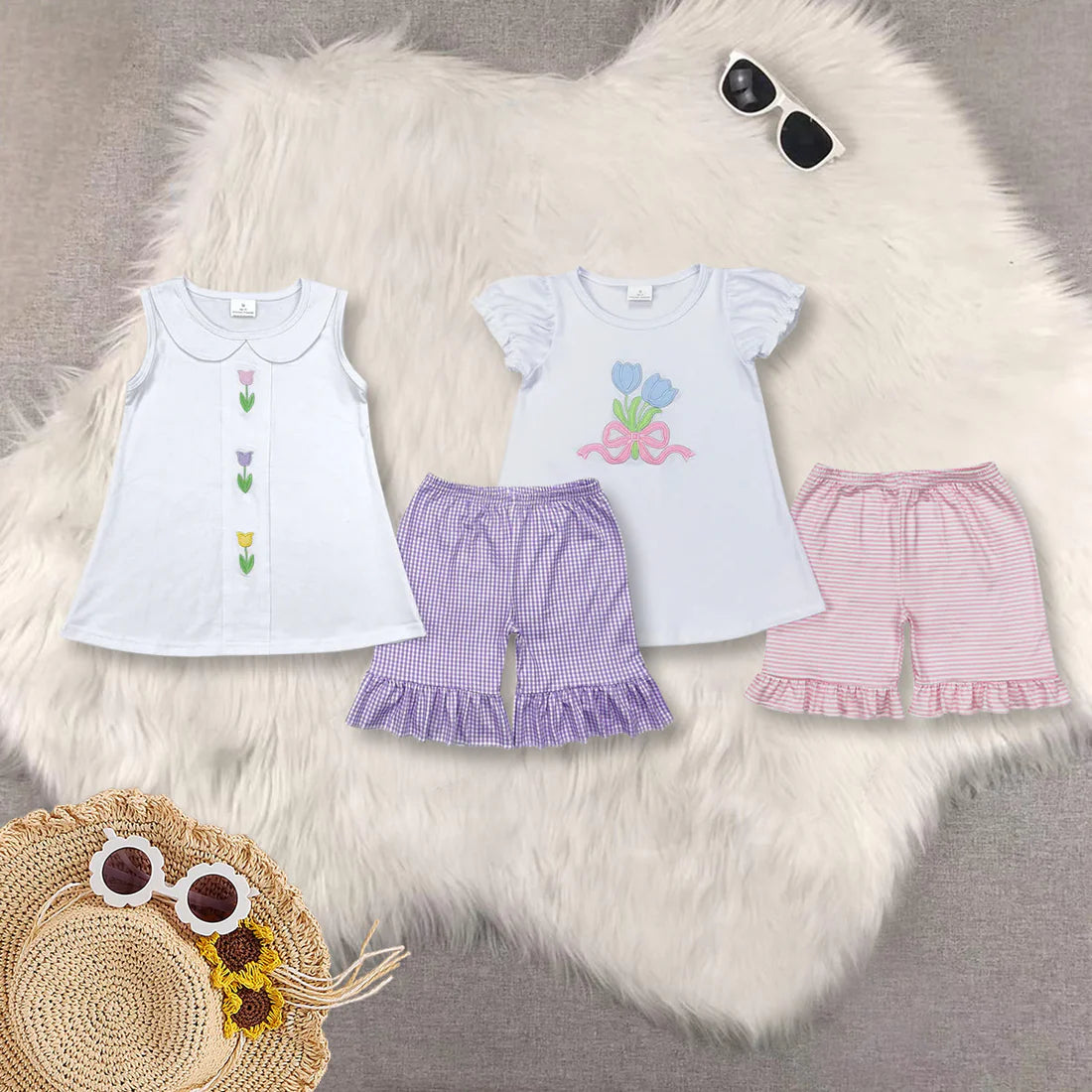 Sibling Embroidery Baby Girls Flowers Bows Tops Ruffle Shorts Clothes Sets
