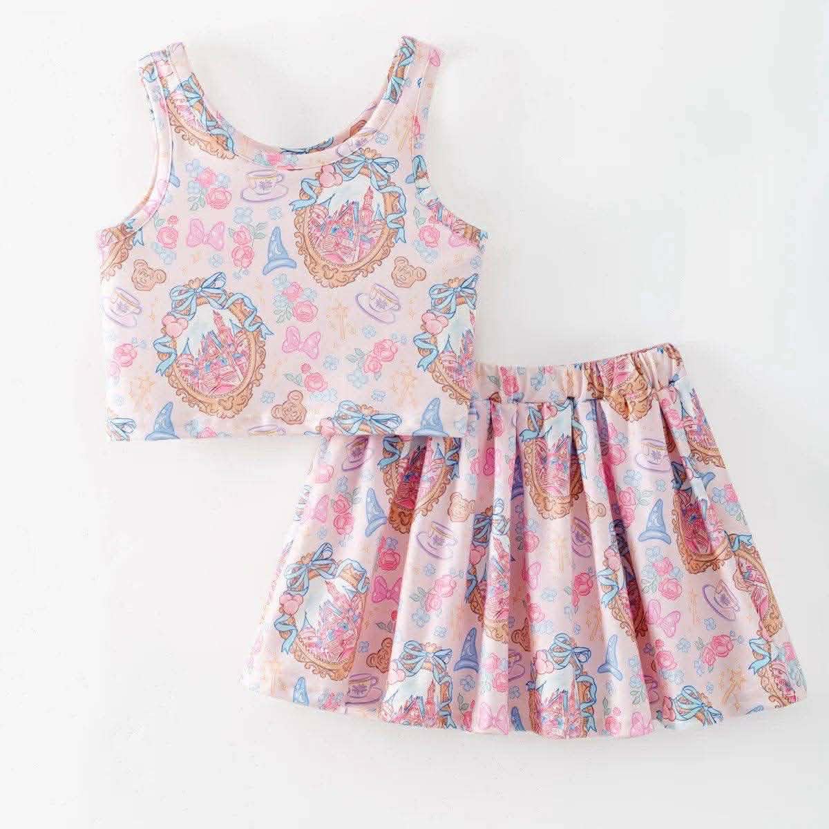 (Custom Design Preorder MOQ 5) Crop Top Cartoon Castle Flowers Skirts Girls Summer Outfits