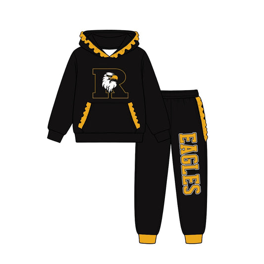 (Custom Design Preorder MOQ 5) Teams Rogers Eagles Black Gold Ruffles Hoodie Top Pockets Joggers Pants Woman Yoga Clothes Set