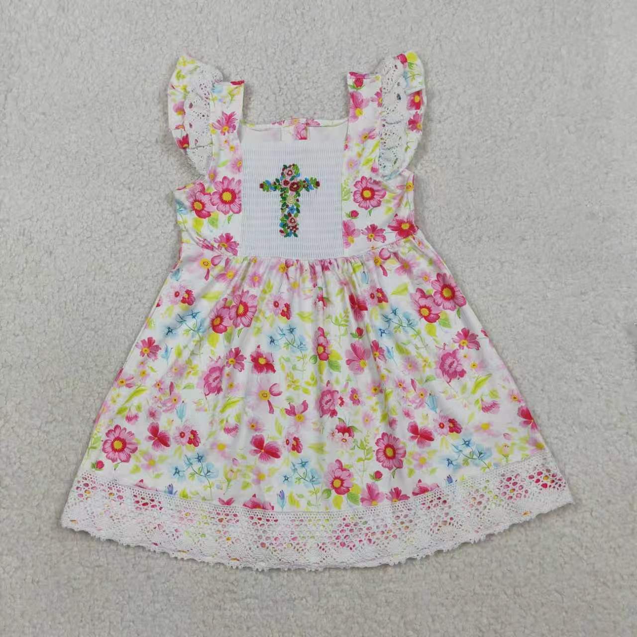 Sibling Baby Girls Floral Cross Smocked Dress