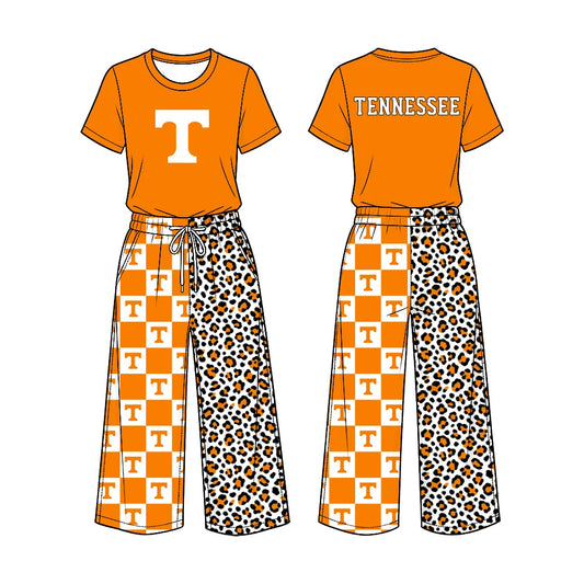 Preorder( 5  MOQ) Baby Girls Sport Team Tennessee Short Sleeve Top Checker Leopard Pants Outfit