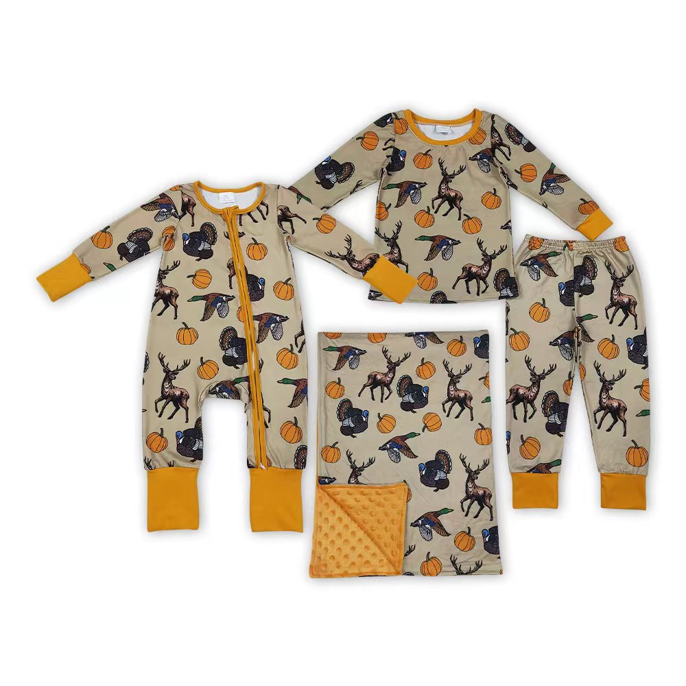 Sibling Baby Boys Hunting Deer Duck Pumpkin Pajama Set Zipper Romper Blanket