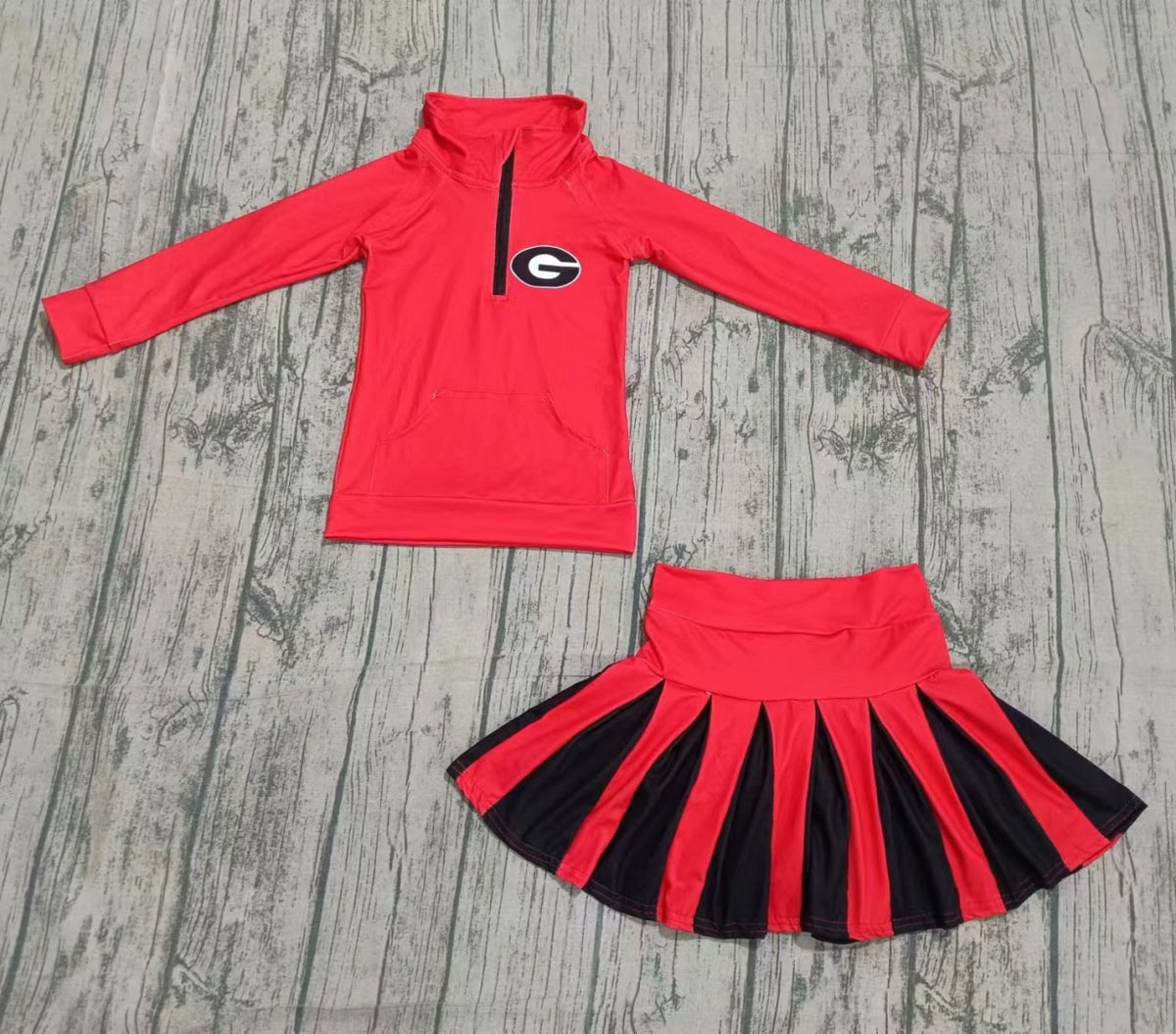 Preorder (MOQ 5 ) Kids Girls Georgia Red Zip Pullover Pleated Skirt Sport Team Outfit
