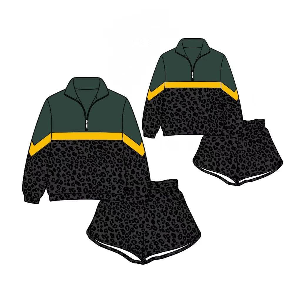 (Custom Design Preorder MOQ 5) Teams Green Long Sleeve Zipper Top Black Leopard Shorts Mommy and Me Outfits