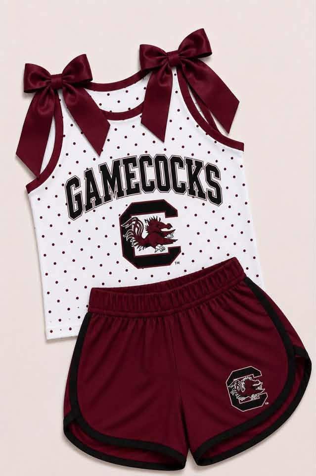 (Custom Design Preorder MOQ 5) Girls Gamecocks Bow Strap Tank &  Dark Red Shorts Sport Team Outfit
