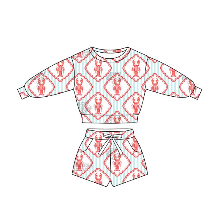 (Custom Design Preorder MOQ 5 Each) Crayfish Stripes Long Sleeve Top Pockets Shorts Girls Clothes Set Sisters Wear