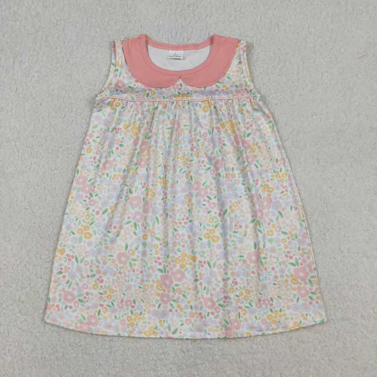 Sibling Baby Girls Sleeveless Peach Flowers Collar Knee Length Dress Tunic Ruffle Rompers