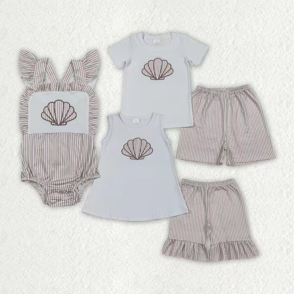 Sibling Baby Boys Girls Embroidery Stripe Shells Top Shorts Clothes Sets