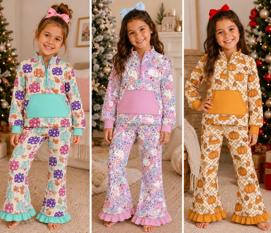 Sibling Baby Girls Sibling Zipper Pullover Top with bell Bottom Pants Outfit