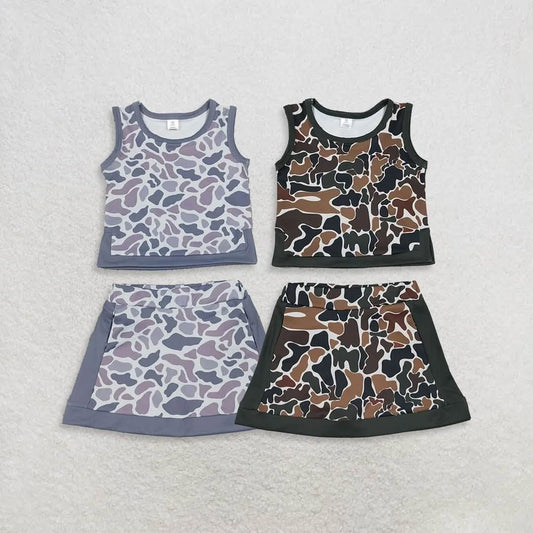 2 Colors Camo Tank Top Skort Girls Yoga Clothes Set Sisters Wear