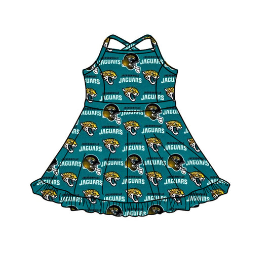 (Custom  Preorder MOQ 5) Teams Jaguars Print Girls Strap Ruffle Knee Length Yoga Dress