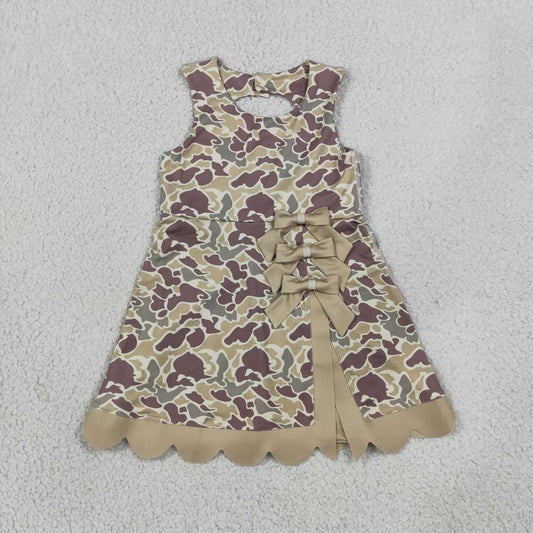 GSD4228 Khaki Camo Girls Sleeveless Scallop Bows Yoga Knee Length Dress