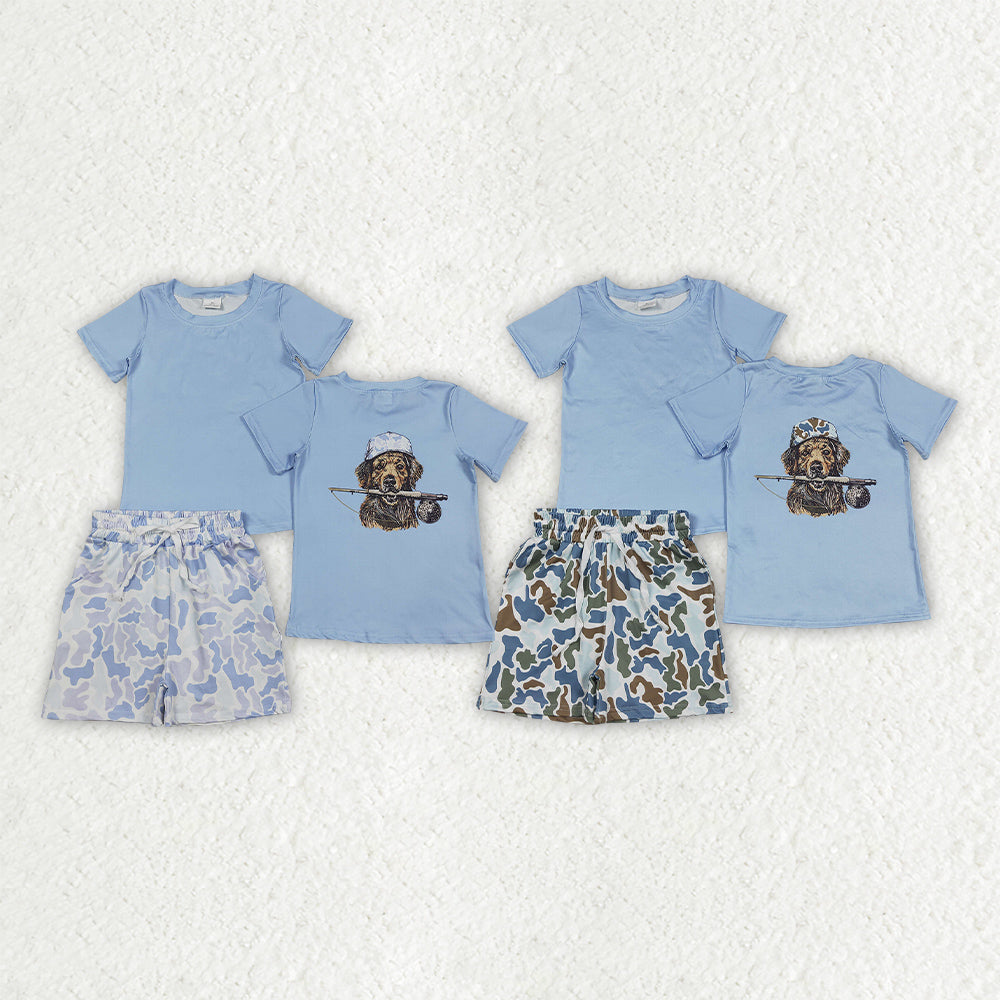Sibling Baby Boys Hunting Dog Blue Short Sleeve Top with Camo Shorts Outfit