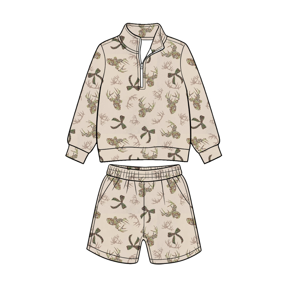 (Custom Design Preorder MOQ 5 Each) Fish Deer Camo Print Long Sleeve Zipper Top Shorts Girls Hunting Clothes Set Sisters Wear
