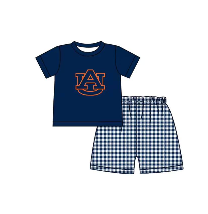 (Custom Design Preorder MOQ 5) Kids Boys Teams Auburn navy Gingham Shorts Outfit