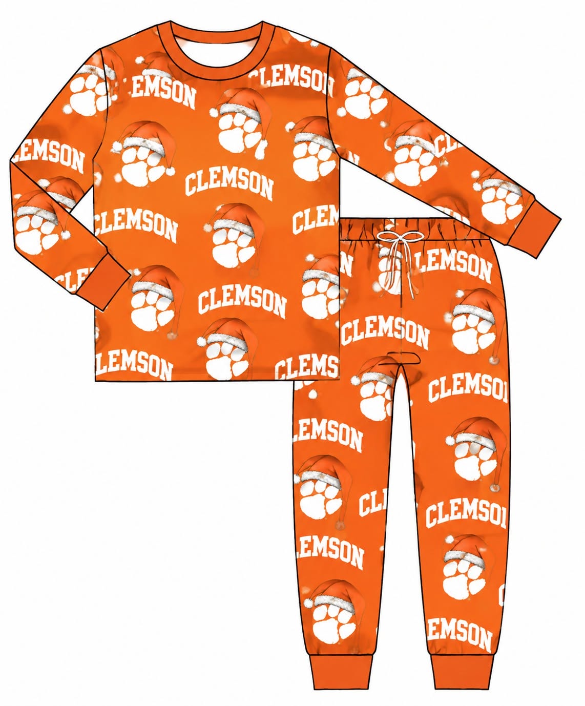 (Custom Design Preorder MOQ 5) Teams Clemson Print Kids Christmas Pajamas Clothes Set