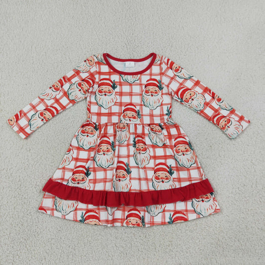 GLD1710 Santa Checkered Baby Girls Christmas Long Sleeve Knee Length Ruffle Dress