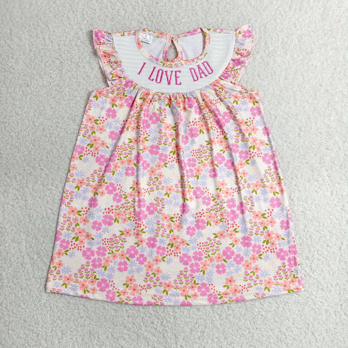 GSD3986 I Love Dad Embroidery Pink Floral Print Baby Girls Smocked Knee Length Dress