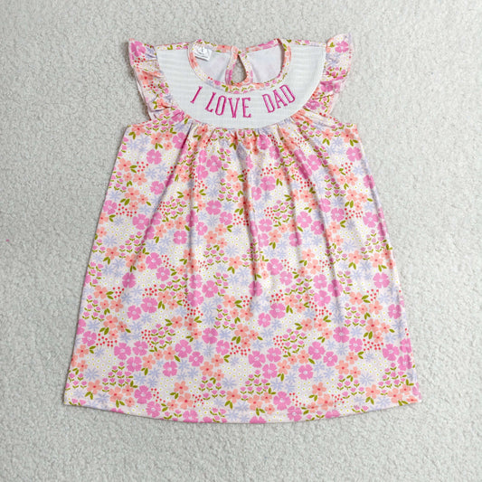 GSD3986 I Love Dad Embroidery Pink Floral Print Baby Girls Smocked Knee Length Dress