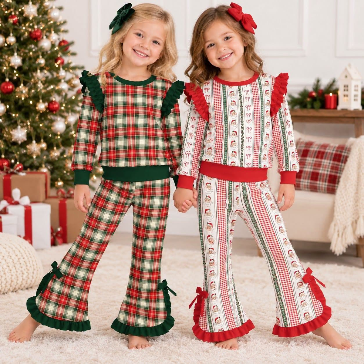 9.25 Preorder Kids Girls Christmas Ruffle Long Sleeve Top with Bell Botton Pants Outfit